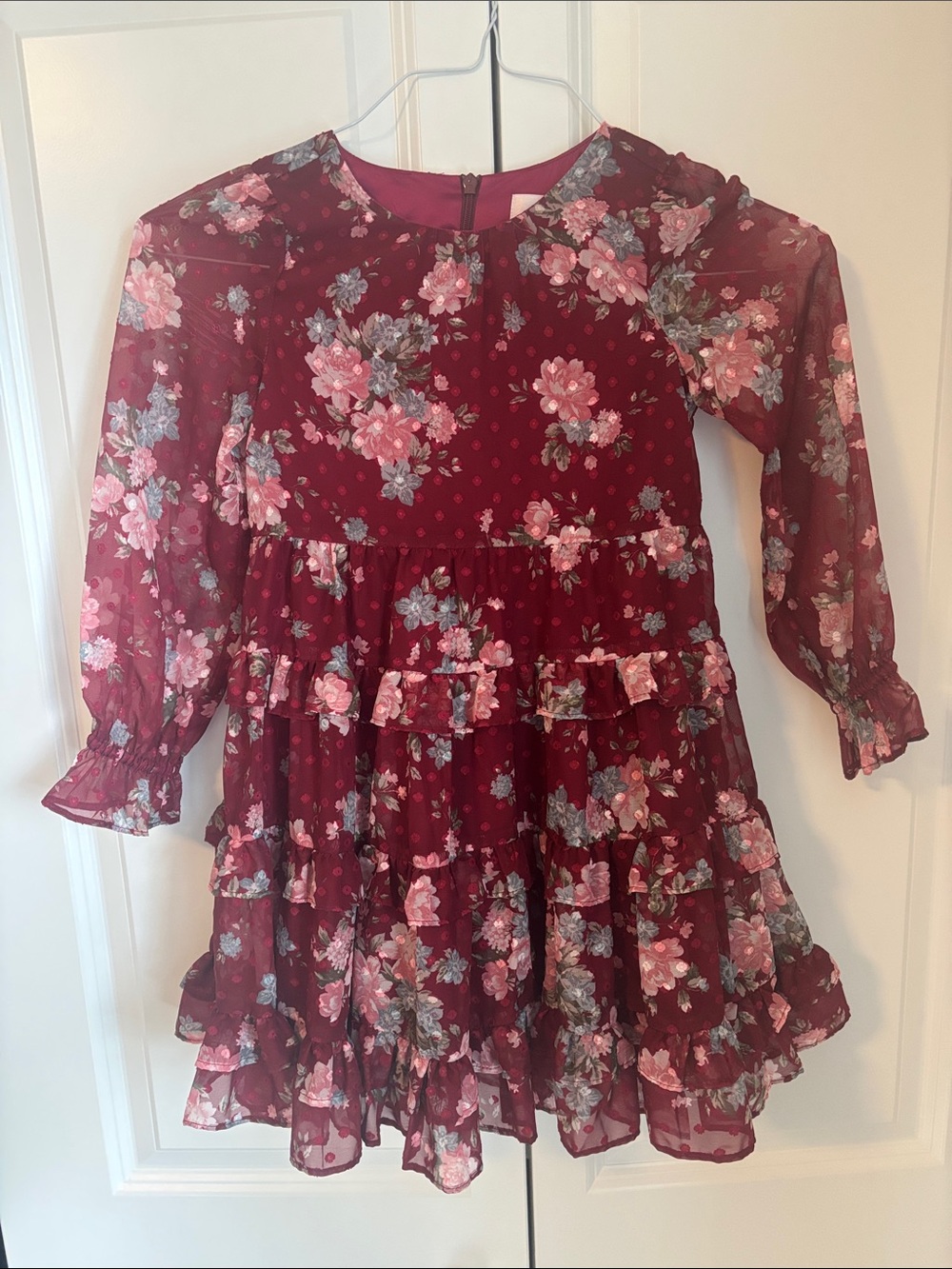 Rachel Parcell Girls Burgundy Floral Ruffle Tiered Dress